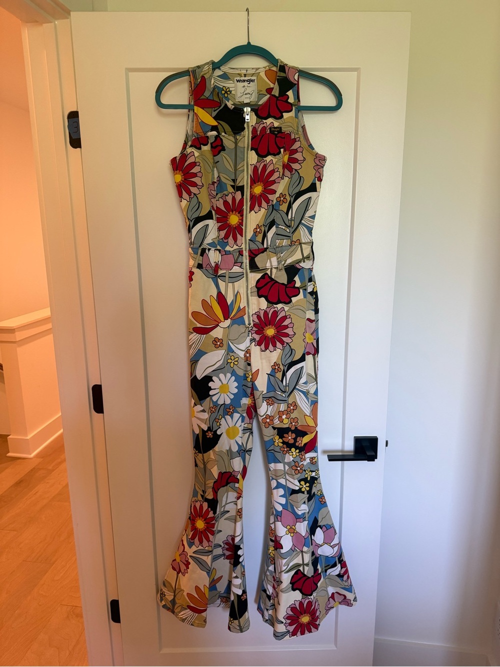 Wrangler Floral Zip Front Flared Jumpsuit in Cream, Red & Blue
